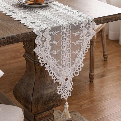 Runner da tavolo vintage in pizzo bianco, tovaglia decorativa all'uncinetto, runner da tavolo in mussola ricamata con nappe, runner da tavolo traforato 35 x 180 cm. (1/5)