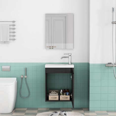 Meuble vasque mural 40cm noir brillant, lavabo céramique et miroir inclus, design sans poignée, charnières amorties, gain place salle bain ou WC invités (1/5)