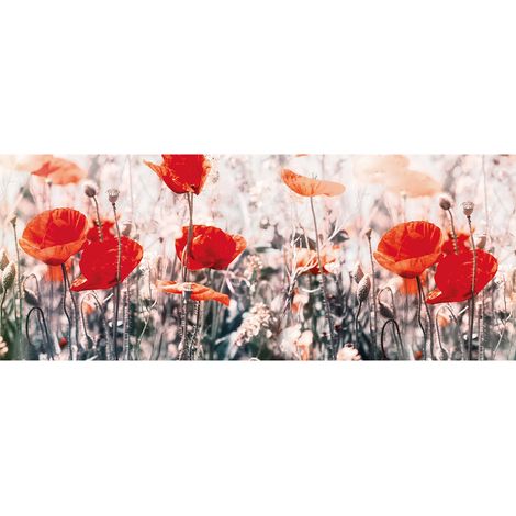 Tableau paysage champ de coquelicots | Tableau sur toile fleuri rouge et vert pour cuisine | Tableau couloir fleur rouge 1,0 x 0,4 m (1/2)