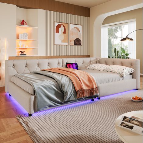 Sofá cama 90/200 cm beige de lino y MDF con LED, USB y Type-C (1/5)