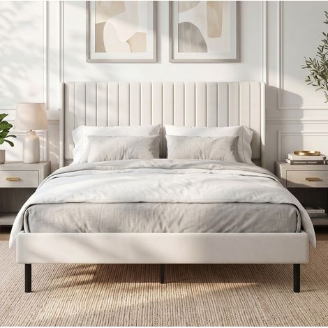 Lit double 140/200 cm beige avec tête de lit réglable et revêtement velours (1/5)
