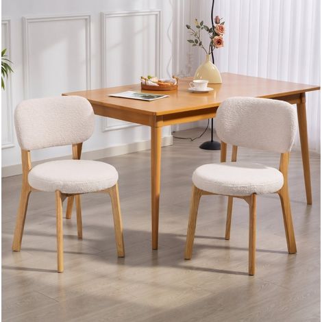 Set di 2 sedie da pranzo, eleganza mid-century, seduta ampia, schienale curvo, legno e bouclé crema (1/5)