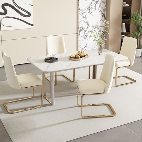 Lot de 2 chaises de salle à manger en velours beige, dossier en losanges, pieds en métal doré, confortables pour salon ou chambre, style luxe moderne CHICFURN (1/5)