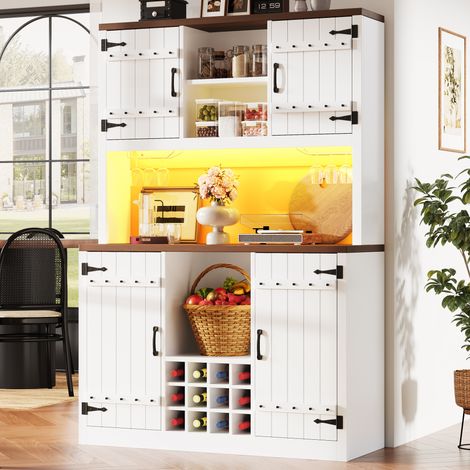 Mobile cucina alto con illuminazione LED RGB, porte stile fienile, bianco DESVIAE (1/5)