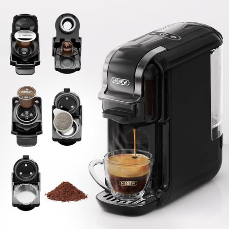 Cafetière Capsule 6-en-1 HiBREW, Espresso, Cappuccino, Latte, Compatible ESE/DG/Nes, Contrôle Température, Volume Réglable, Machine Café Compacte
