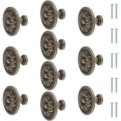 Lot de 10 boutons de meuble ronds en bronze antique avec fleurs - 35 mm - Vintage - Pour tiroir de placard de cuisine - Poignée de tiroir en bronze