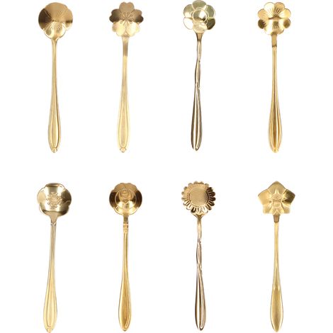 Lot de 8 cuillères à café en acier inoxydable plaqué or à motif floral, idéales pour remuer le thé en cuisine. (1/4)