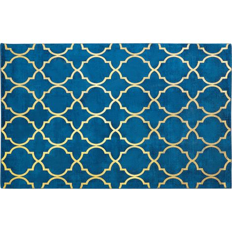 Alfombra azul con patrón de trébol dorado de viscosa y algodón 140 x 200 cm estilo glam moderno Yelki