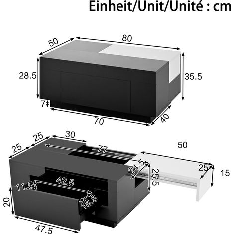 Table salon LED rangement extensible MDF noir blanc OKMYHOME (1/2)