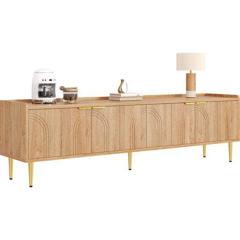 Meuble TV design avec portes sculptées, poignées et pieds métalliques dorés, rangement pratique et passe-câbles, 170 cm, idéal salon  CHICFURN (1/5)