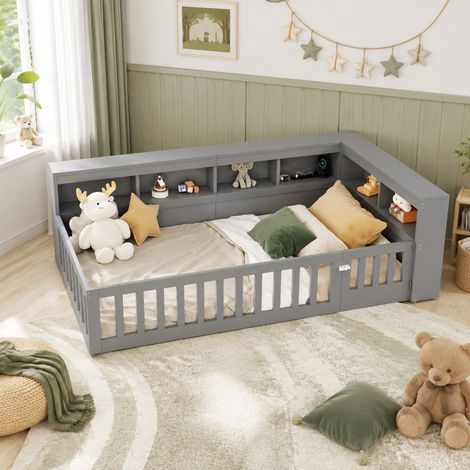 Letto bambino 90 x 200 cm con contenitore laterale, rete a doghe, presa e USB, grigio DESVIAE (1/5)