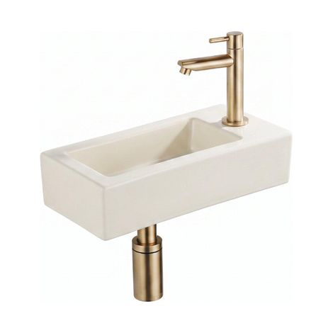QeramiQ Fuente Lavabo pour WC - 38x18.5x9 cm - ceramique - trou de robinet de Lavabo pour WC a droite - robinet de Lavabo pour WC laiton brosse - (1/5)