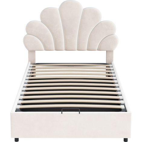 Cama doble tapizada de 90 x 200 cm con cabecero floral, altura regulable y canapé hidráulico, ideal para adolescentes y adultos (beige). (1/5)