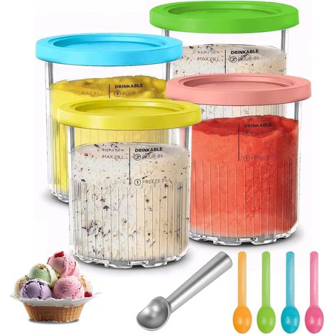4 Pièces Récipients Crème Glacée Rechange avec 4 Couvercles & Cuillère, Bacs Machine Glace Réutilisables, Seau Alternatives Sorbetières Sans BPA, Accessoires Pintes Glaces pour NC501/NC500 Series (1/5)