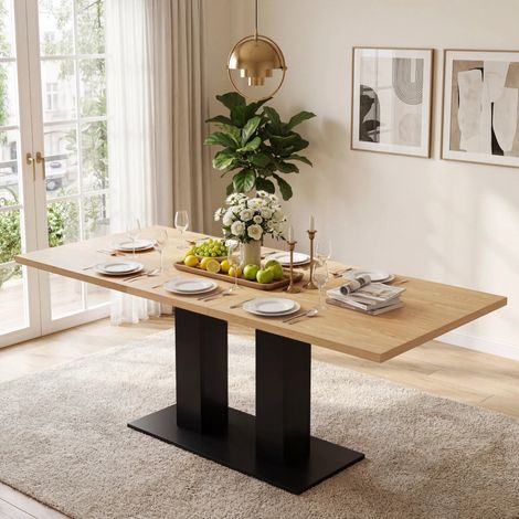 Table à manger extensible 140-180x70 cm, table repas rectangulaire 4-8 personnes, plateau effet bois naturel 30 mm, double pied noir, MDF (1/5)