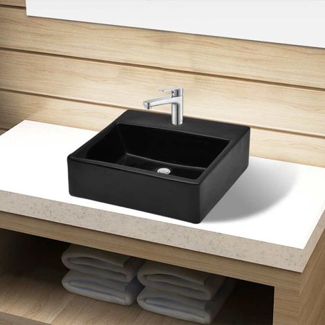 Vasque rectangulaire à trou Noir en céramique pour salle de bain (1/5)