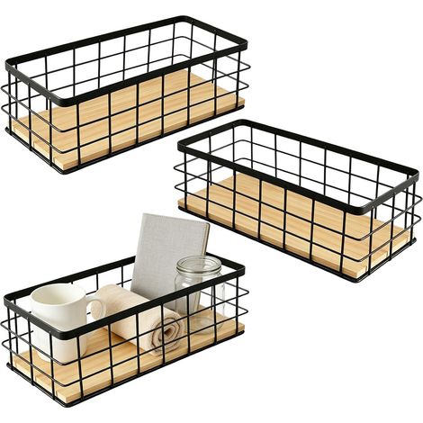 Lot de 3 paniers en métal avec socle en bois amovible : 25 x 10 x 7,5 cm - Panier de rangement en métal pour salle de bain, panier mural pratique pour fruits, collations, cuisine (1/5)
