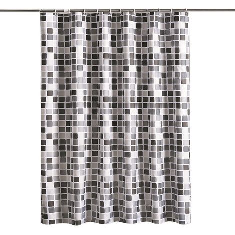 Lntyq Rideau de douche anti-moisissure, rideau de douche 180x200 cm, rideau de douche en tissu polyester, rideau de bain imperméable, lavable en machine, avec 12 crochets, mosaïque noir blanc gris