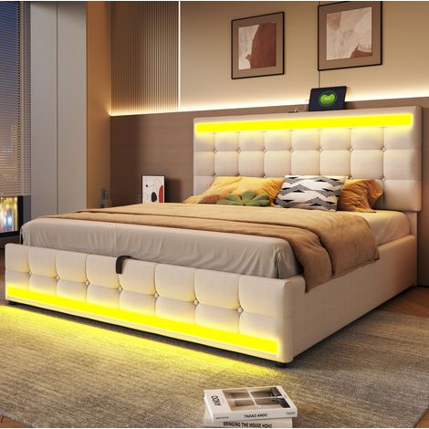 Lit coffre double 180 x 200 cm – Éclairage LED RGB et ports USB – cadre de lit avec sommier à lattes – beige – tête de lit réglable (1/5)
