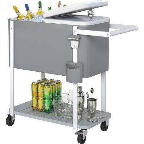 Chariot de service réfrigéré 56 L mobile avec ouvre-bouteille, étagère inférieure, poignée, roulettes, gris (1/5)
