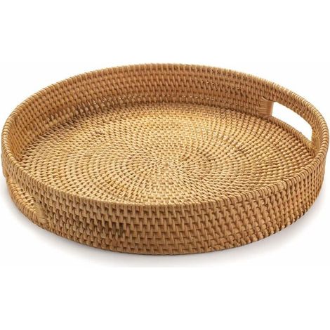 Rundes Rattan-Serviertablett, Korbgeflecht-Serviertablett mit ausgeschnittenen Griffen, geflochtener Obst-/Brot-Servierkorb, 30 cm
