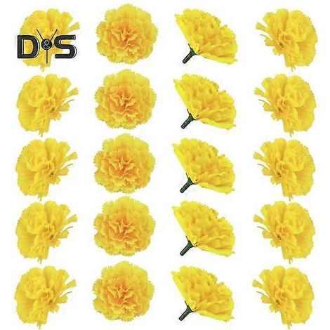 Lot de 20 œillets d'Inde artificiels en soie avec tiges, réalistes, pour la décoration intérieure de Diwali (Dia de los Muertos).jaune (1/5)