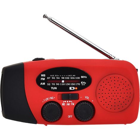 Radio d'urgence avec cellule solaire, manivelle et LED pour les bulletins météorologiques.