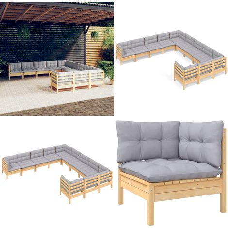 11-tlg. Garten-Lounge-Set mit Grauen Kissen Kiefernholz - Garten-Lounge-Set - Garten-Lounge-Sets - Home & Living (1/5)