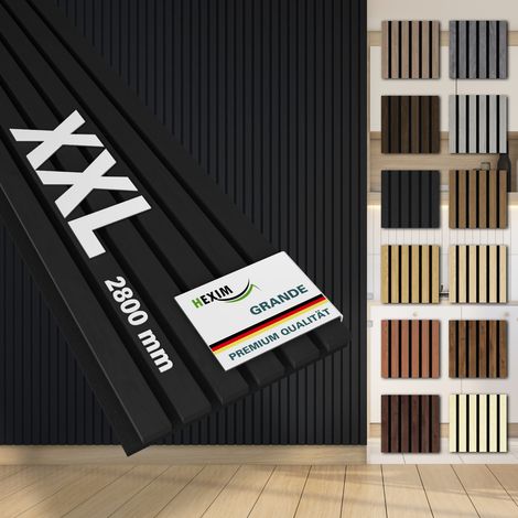 HEXIM Akustikpaneele 280x30cm Wandpaneele Grande Lamellen MDF Holz 0,85m² XXL Echtholzfurnier Wand 21mm Filz (1 Paneel - 0.854m², Black Ash)