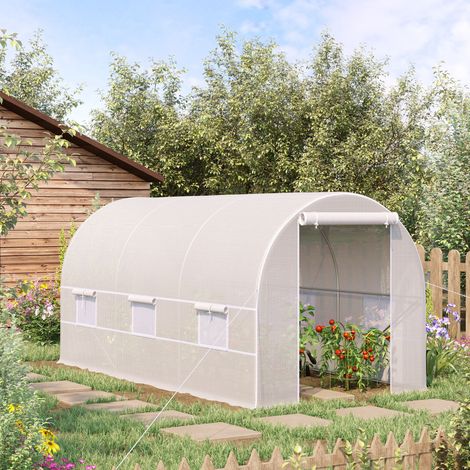 4 x 2 x 2 m großes Tunnelgewächshaus mit Rolltoren und Fenstern, Gemüsegewächshaus mit 4 diagonalen Verstärkungen, Metallrahmen und PE-Plane, für Gemüse und Blumen, Weiß