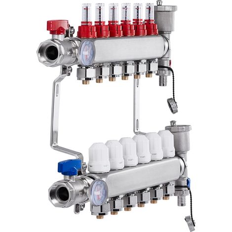 Mophorn 6-Zweig-Wärmeverteilungsverteiler, 1/2-Zoll-PEX-Rohrverteiler, Edelstahl-PEX-Verteiler für hydronische Fußbodenheizung, Wärmeverteilungs-PEX-Verteilersatz mit 1/2-Zoll-Adaptern