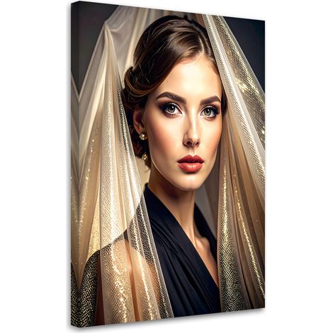 Quadro su tela, Elegante ritratto di una donna con un velo dorato. - 60x90 (1/2)