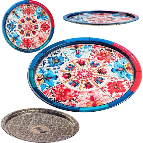 Bandeja circular para servir, de metal, 32,5 cm de diámetro, diseño litografiado, uso decorativo, lavar solo a mano. (1/5)