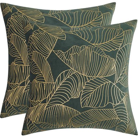 BEBUSINGOTO Fundas de cojín de terciopelo de 45 x 45 cm con estampado dorado, decorativas para sofá, dormitorio, coche, sala de estar, juego de 2 fundas de cojín verdes (1/5)