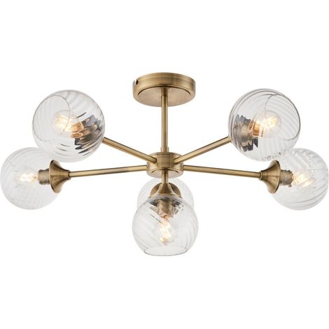 Endon Allegra Plafonnier semi-affleurant à 6 bras multiples avec abat-jour en verre et laiton antique