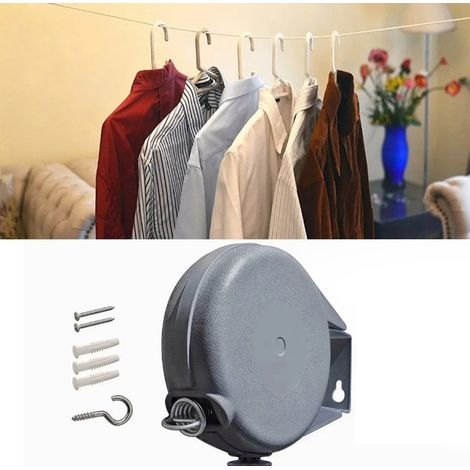 Étendoir à linge extensible, 15 mètres de long, capacité de 13,6 kg, fixation murale, simple, gris argenté (1/5)