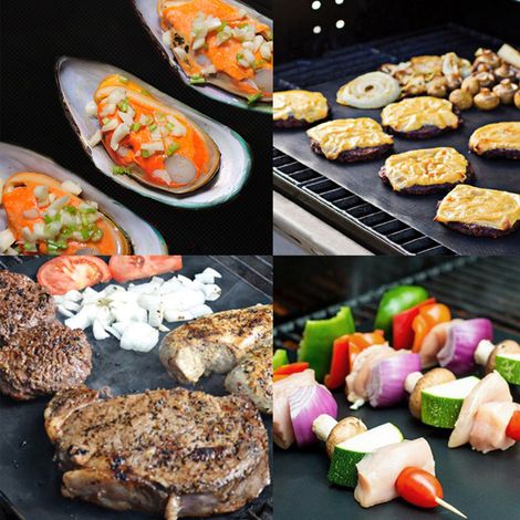 Tapis de cuisson antiadhésif réutilisable pour barbecue, 40 x 33 cm, en fibre de verre, compatible avec les barbecues à gaz, à charbon et électriques. (1/5)