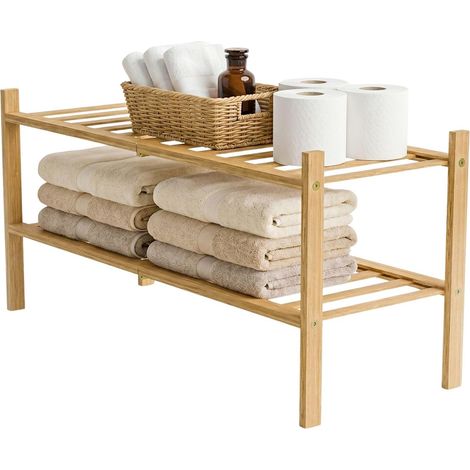 Meuble à Chaussures en Bambou Mod. Boo - 2 hauteurs - Fabriqué en Bambou - Design à Lames - Étagère pour Salle de Bain, Salon, Couloir - 70 x 27 x 40 cm (1/5)