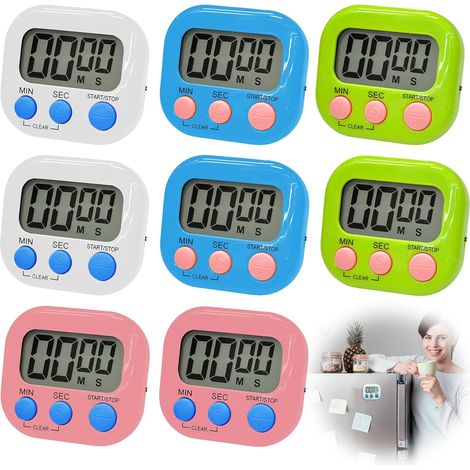 Set mit 8 magnetischen Timern: WIYETY 4-Farben Digitaler Küchentimer mit Uhr und großem LCD-Bildschirm, geräuschlos für Küche, Büro, Sport (Batterien nicht enthalten)