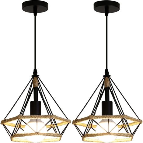 Lámpara Colgante Retro Lámpara de Techo Negro Diamante de Cuerda de Cáñamo para Sala de Estar - 2 Piezas