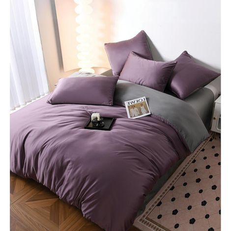 Linge de lit en lin satiné aspect soie, pour lit double, 6 pièces : drap-housse 230x240 cm, housse de couette 200x230 cm et 4 taies d’oreiller, UNI, gris-violet (1/5)