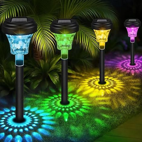 Set of 4 Solar Outdoor Garden Lights, 7 RGB Colors & Warm White Light, IP65 Waterproof Solar Light Multicolor for Path Patio Driveway Outdoor Garden Lighting (1/5)