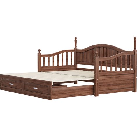 Cama nido extensible de madera de pino 90x190 cm con cajones y somier, color nogal (1/5)