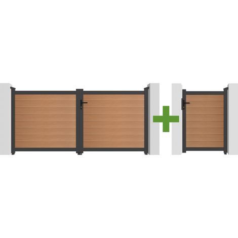 Portail bois composite battant 3m ATHOS H.140cm teck avec cadre aluminium + portillon composite ATHOS 1m H.140cm (1/5)