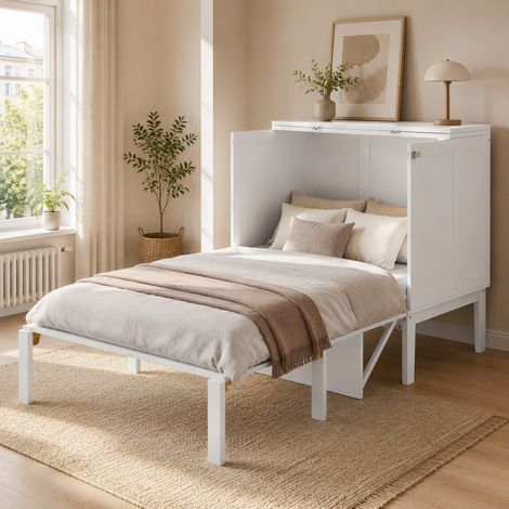 Cama abatible vertical de madera blanca 90x200 cm, ahorra espacio con almacenamiento inferior