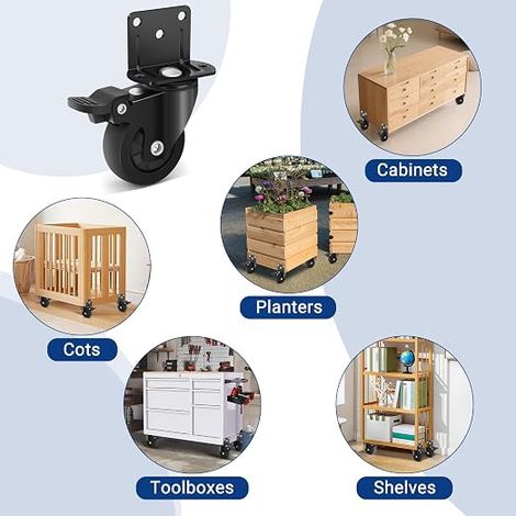 50mm Plaque de montage en L Roulettes pour Meubles Lourds, Roulettes Pivotantes en Caoutchouc Petites Capacité 270kg, Roulette Silencieuse avec Frein pour Table, Armoire, Lit Bébé, Lot de 4