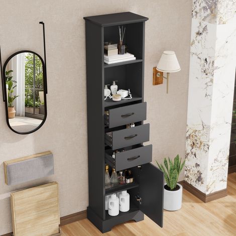 Armadietto alto da bagno 38 x 26 x 172,5 cm in MDF laccato nero con 3 cassetti (1/5)