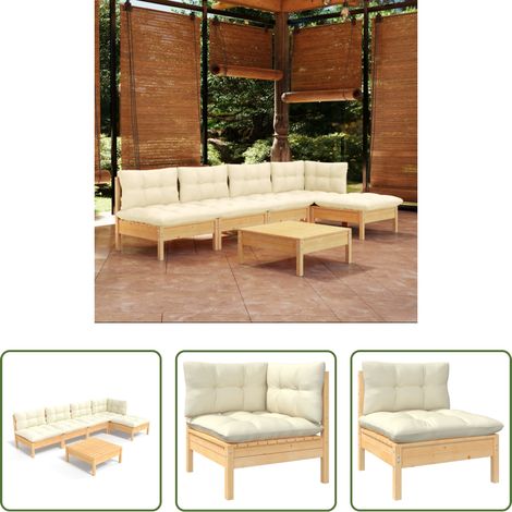 Holzsofa - 6-tlg. Garten-Lounge-Set mit Creme Kissen Kiefernholz (1/5)