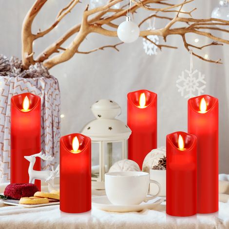 Jiubiaz LED Kerzen Echtwachskerzen 5er Set 20 / 18 / 16 / 14 / 13 cm - mit Fernbedienung Timer dimmbar flackernd warmweiß verschiedene Höhen Rot (1/5)