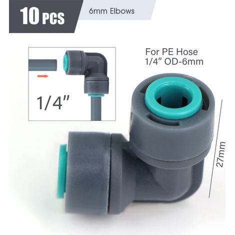 Coude Nx6 mm (1/4", 3/8", 1/2") Raccord rapide pour tuyau d'arrosage PE de 16 mm, 12 mm et 6 mm de diamètre extérieur - Raccords pour système d'irrigation (1/5)